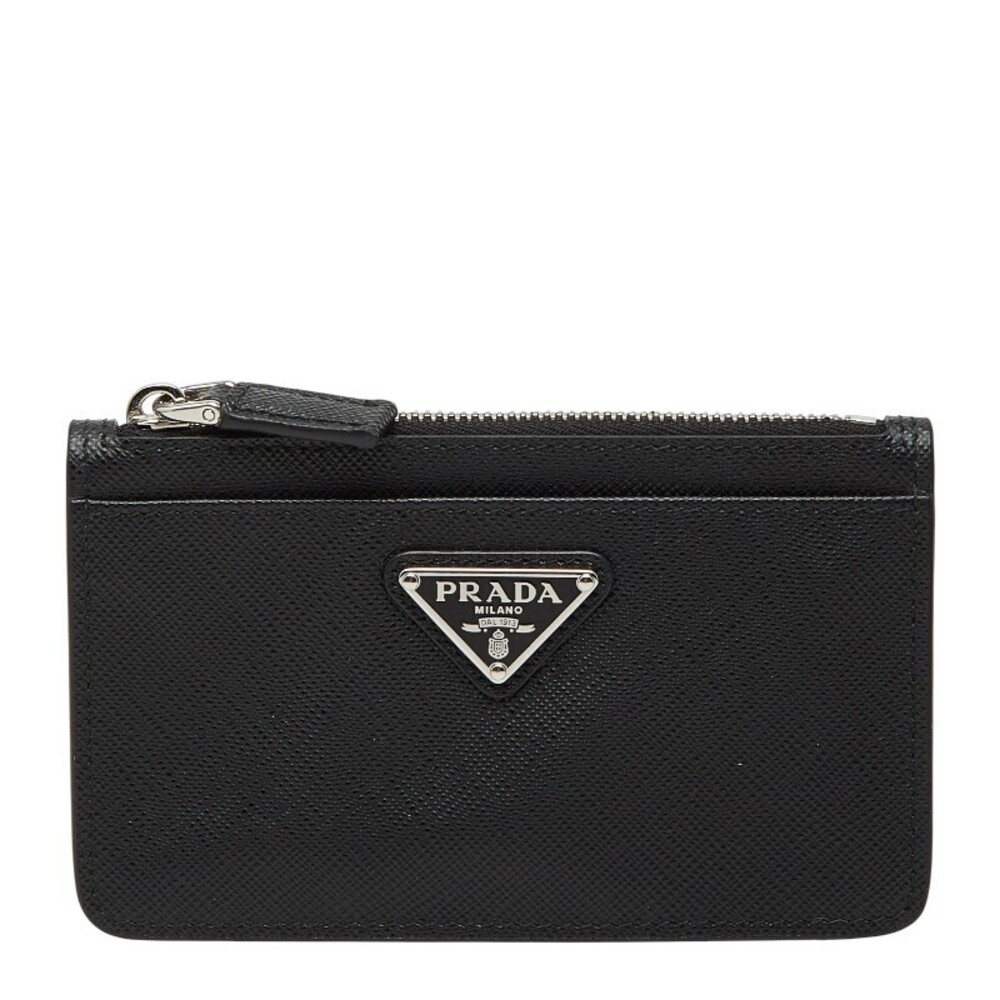 Prada Triangle Plate coin case Wallet Card Black Saffiano Leather